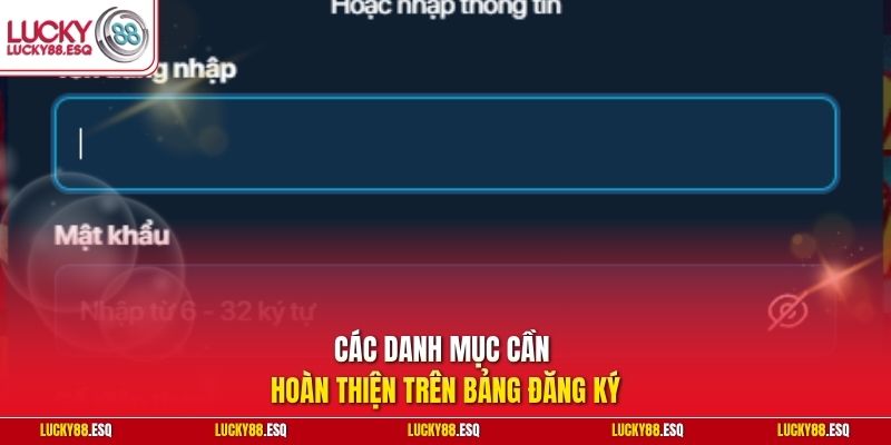 Các danh mục cần hoàn thiện trên bảng đăng ký
